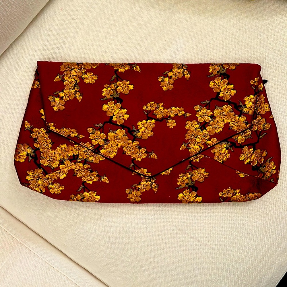 Dries Van Noten Red Brocade/Black Leather envelope clutch, excellent condition.